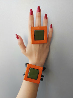 Parure quadro arancio e verde