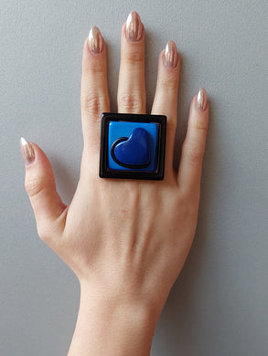 Anello quadro cuore blu 2d
