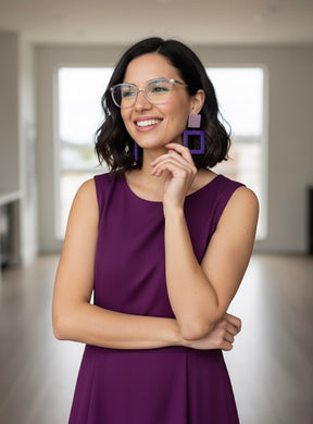 Orecchini punto quadro rosa e viola