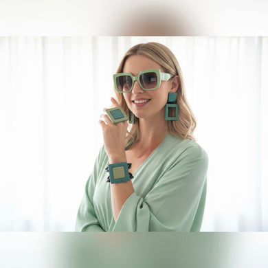 Set  quadro verde orecchini anello e bracciale