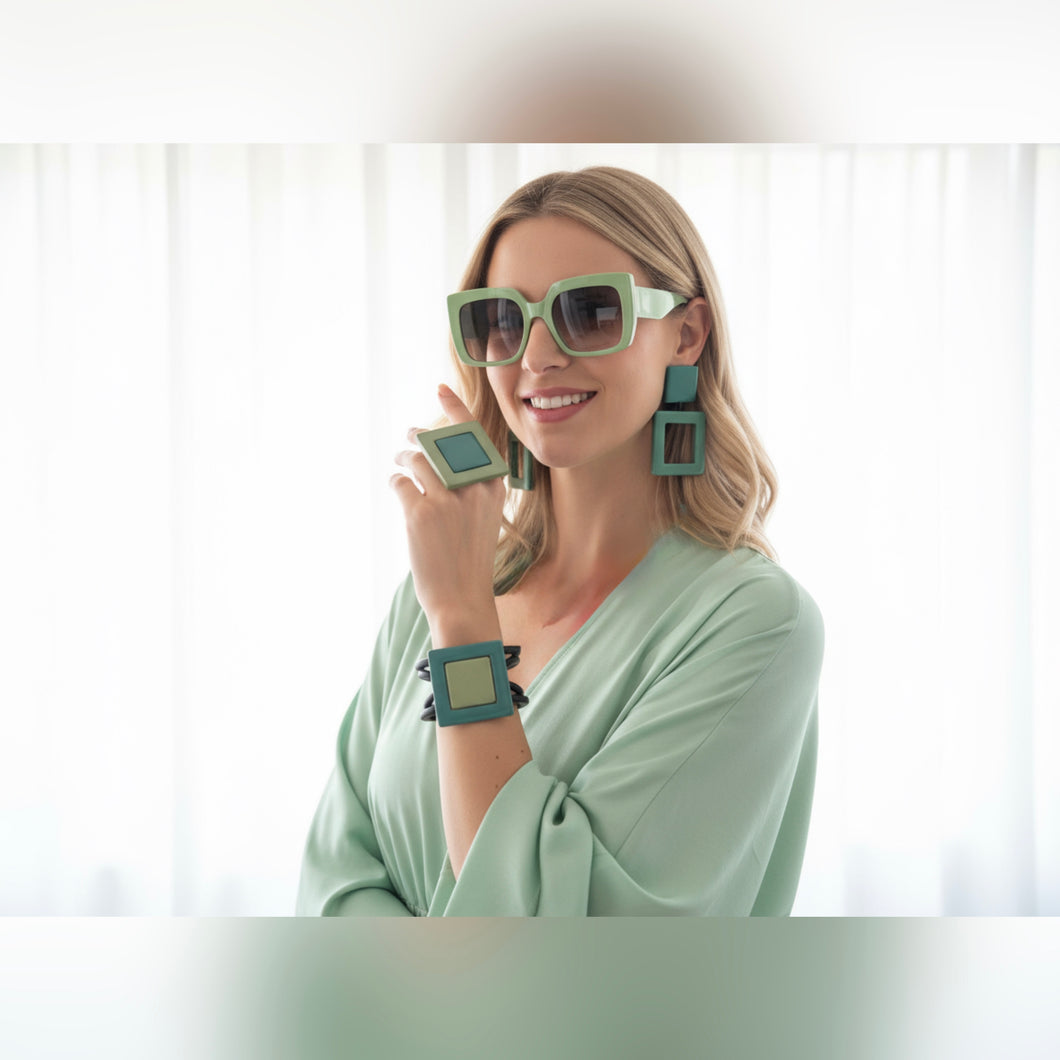 Set  quadro verde orecchini anello e bracciale