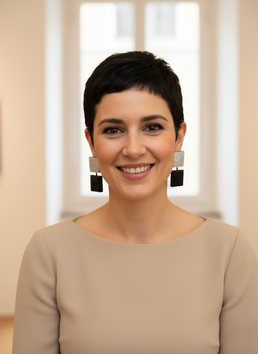 Orecchini punto quadro nero e argento glitter