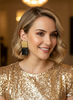 Orecchini punto quadro oro glitter e nero